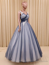 Charming A Line V Neck Navy Blue Princess Tulle Semi Formal Prom Dresses